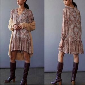 Anthropologie Sabia Satin Long Sleeve Geo Petite Floral Mini Dress XSP